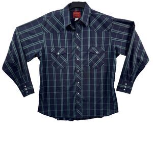 Vtg Rustler Long Sleeve Shirt Pearl Snap Cowboy Mens XL X Long Tail Blue Plaid
